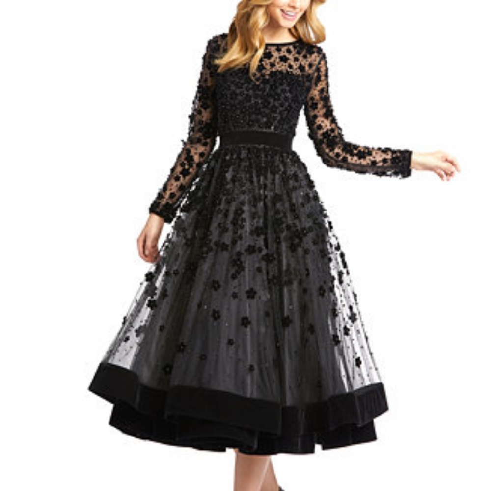Mac Duggal Black Flower Applique Fit & Flare Dress